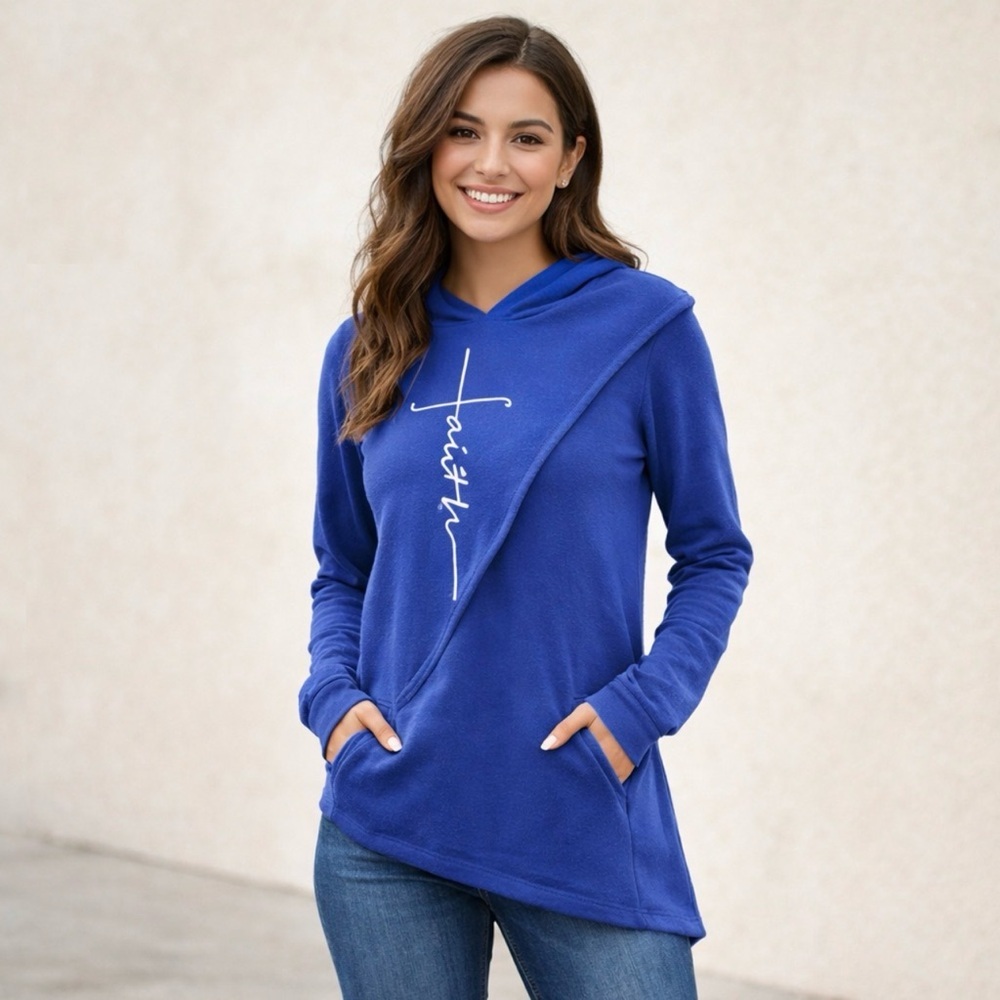 Faith Cross Christian Hoodie Blue Asymmetrical Wrap Pullover Women’s Large - Picture 2 of 10